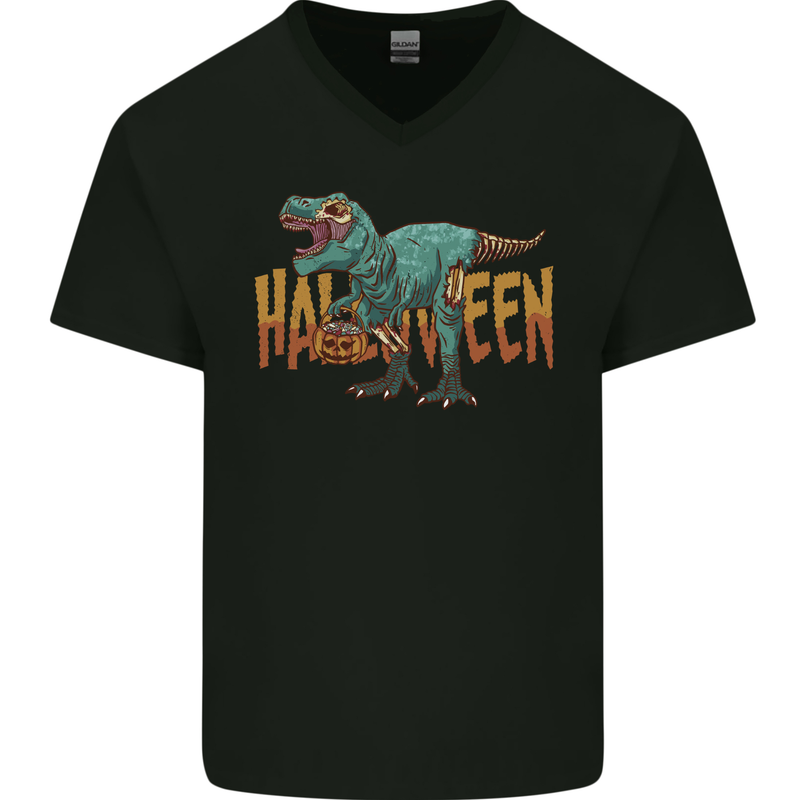 T-Rex Halloween Dinosaur Mens V-Neck Cotton T-Shirt Black