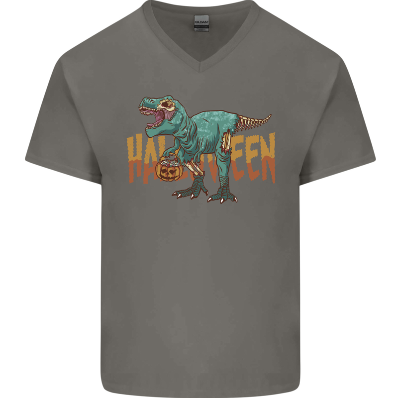 T-Rex Halloween Dinosaur Mens V-Neck Cotton T-Shirt Charcoal