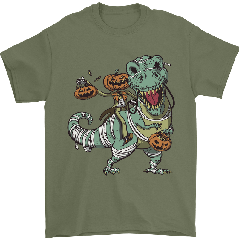 T-Rex Halloween Pumpkin Mens T-Shirt 100% Cotton Military Green