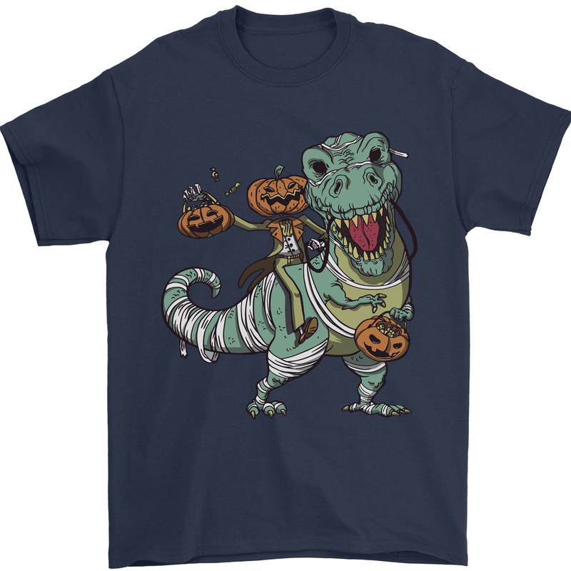 T-Rex Halloween Pumpkin Mens T-Shirt 100% Cotton Navy Blue