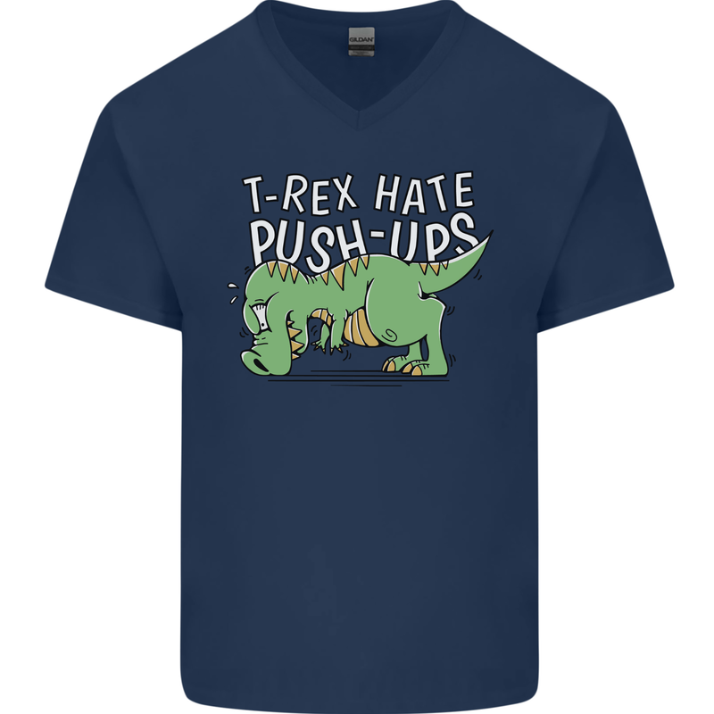 T-Rex Hates Pushups Dinosaur Funny Mens V-Neck Cotton T-Shirt Navy Blue