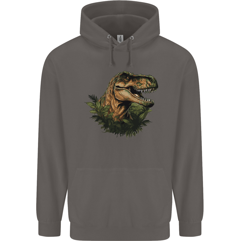 T-Rex Head in Foliage Dinosaur Mens 80% Cotton Hoodie Charcoal