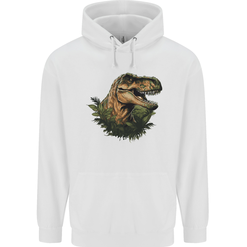 T-Rex Head in Foliage Dinosaur Mens 80% Cotton Hoodie White