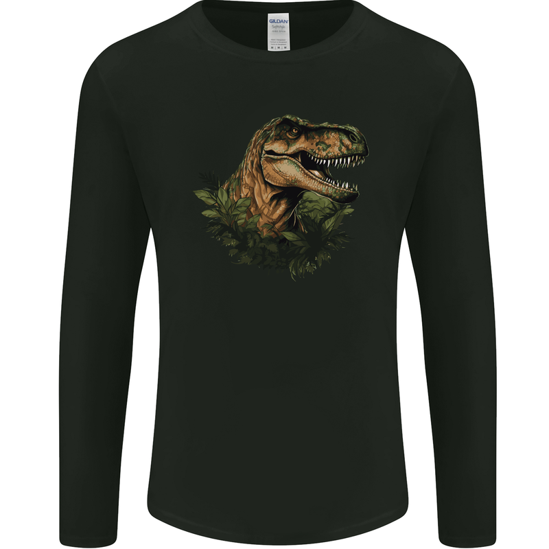 T-Rex Head in Foliage Dinosaur Mens Long Sleeve T-Shirt Black