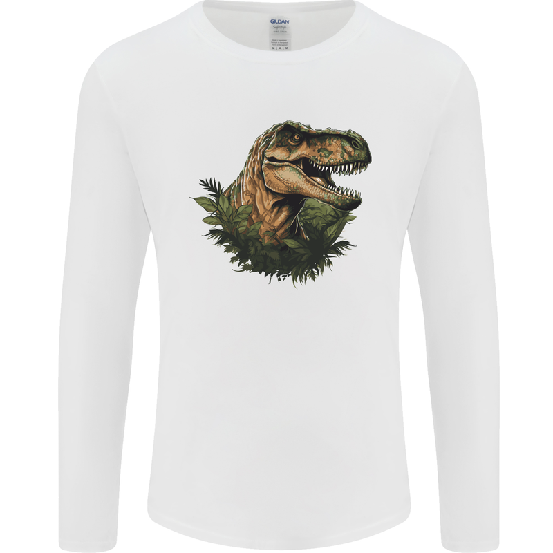 T-Rex Head in Foliage Dinosaur Mens Long Sleeve T-Shirt White