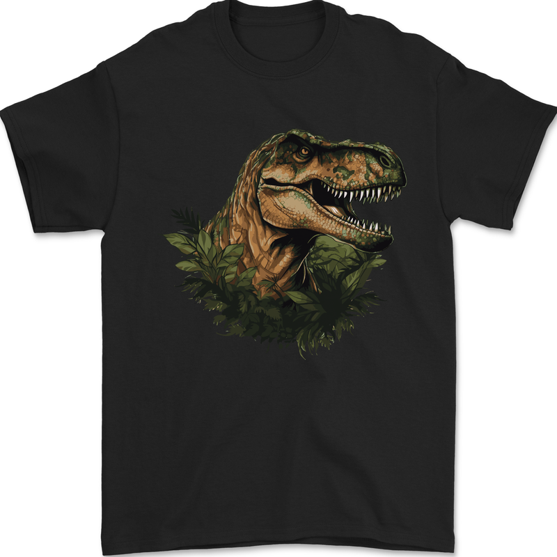 T-Rex Head in Foliage Dinosaur Mens T-Shirt 100% Cotton Black