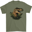 T-Rex Head in Foliage Dinosaur Mens T-Shirt 100% Cotton Military Green