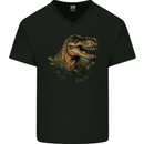 T-Rex Head in Foliage Dinosaur Mens V-Neck Cotton T-Shirt Black