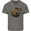T-Rex Head in Foliage Dinosaur Mens V-Neck Cotton T-Shirt Charcoal