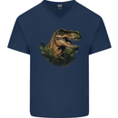 T-Rex Head in Foliage Dinosaur Mens V-Neck Cotton T-Shirt Navy Blue
