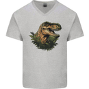 T-Rex Head in Foliage Dinosaur Mens V-Neck Cotton T-Shirt Sports Grey