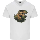 T-Rex Head in Foliage Dinosaur Mens V-Neck Cotton T-Shirt White