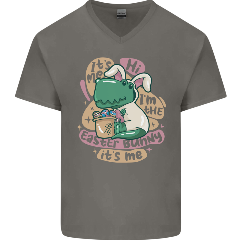T-Rex I'm the Easter Bunny Funny Dinosaur Mens V-Neck Cotton T-Shirt Charcoal