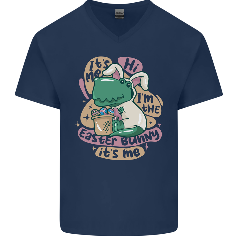 T-Rex I'm the Easter Bunny Funny Dinosaur Mens V-Neck Cotton T-Shirt Navy Blue