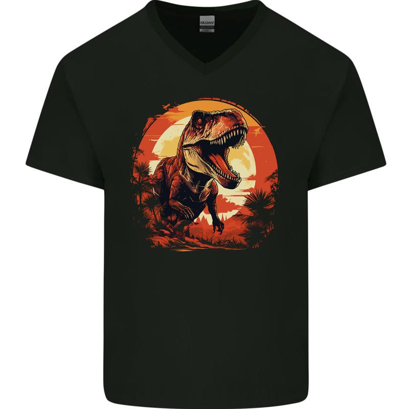 T-Rex Moon Landscape Dinosaurs Mens V-Neck Cotton T-Shirt Black