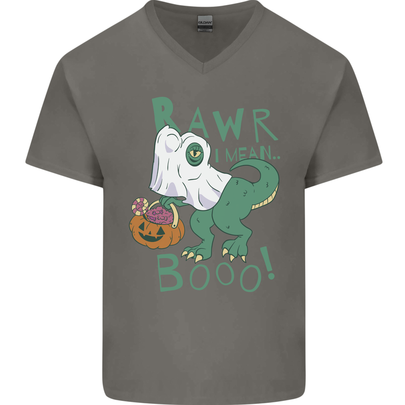 T-Rex RAWR I Mean Booo Halloween Dinosaur Mens V-Neck Cotton T-Shirt Charcoal