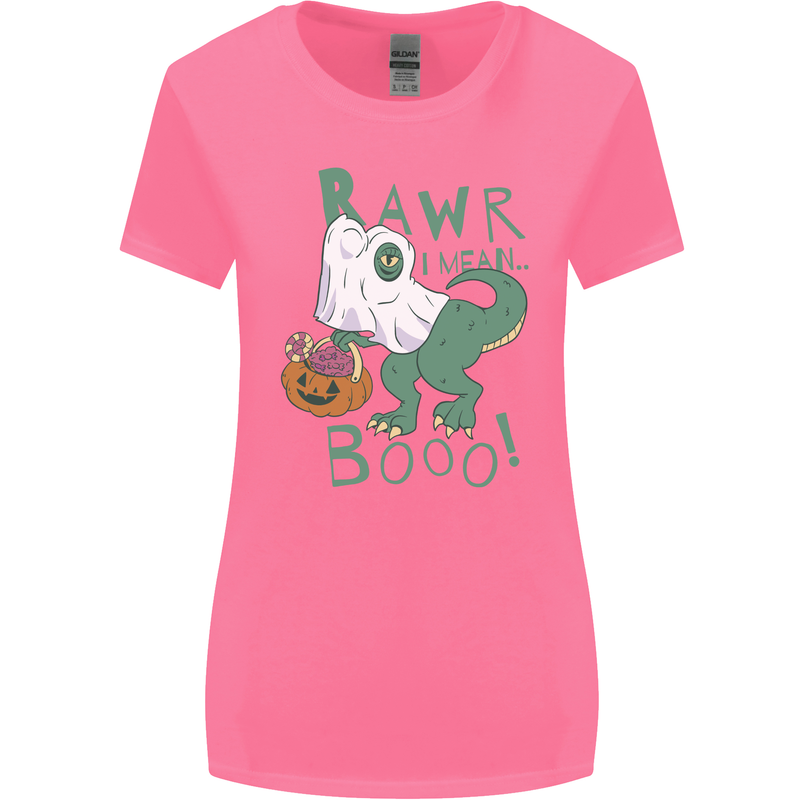 T-Rex RAWR I Mean Booo Halloween Dinosaur Womens Wider Cut T-Shirt Azalea