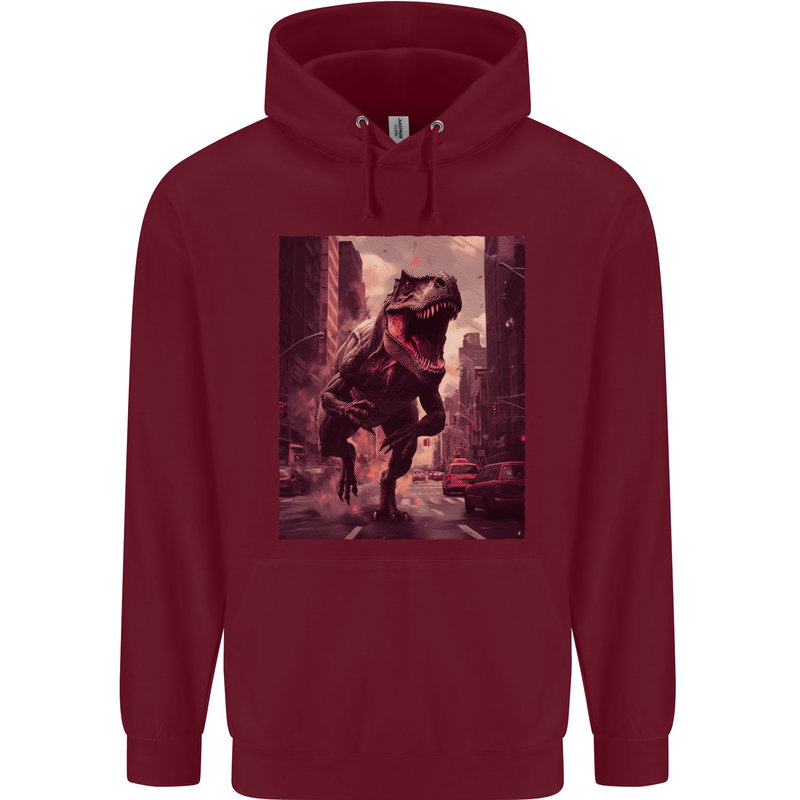 T-Rex Rampage Dinosaur Mens 80% Cotton Hoodie Maroon