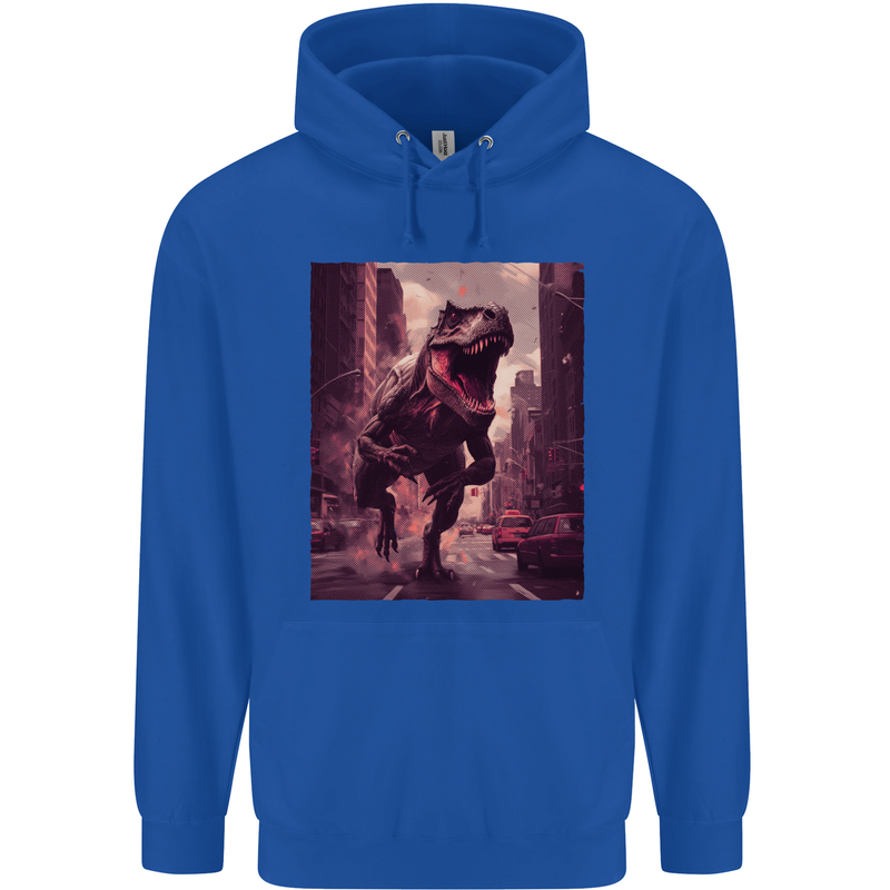 T-Rex Rampage Dinosaur Mens 80% Cotton Hoodie Royal Blue