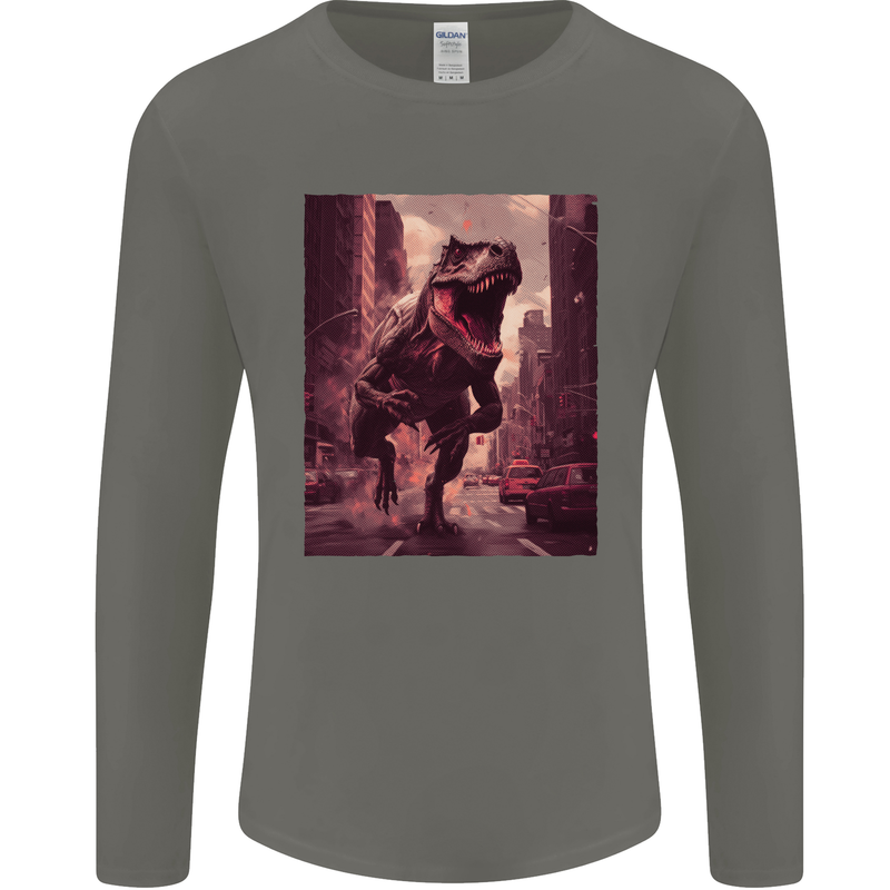 T-Rex Rampage Dinosaur Mens Long Sleeve T-Shirt Charcoal