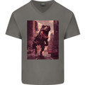 T-Rex Rampage Dinosaur Mens V-Neck Cotton T-Shirt Charcoal