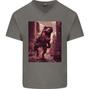 T-Rex Rampage Dinosaur Mens V-Neck Cotton T-Shirt Charcoal