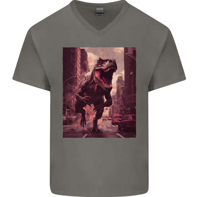 T-Rex Rampage Dinosaur Mens V-Neck Cotton T-Shirt Charcoal