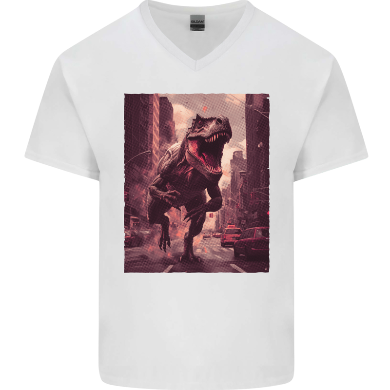 T-Rex Rampage Dinosaur Mens V-Neck Cotton T-Shirt White