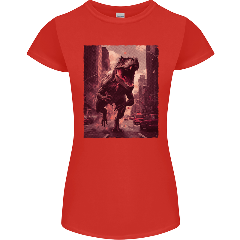 T-Rex Rampage Dinosaur Womens Petite Cut T-Shirt Red