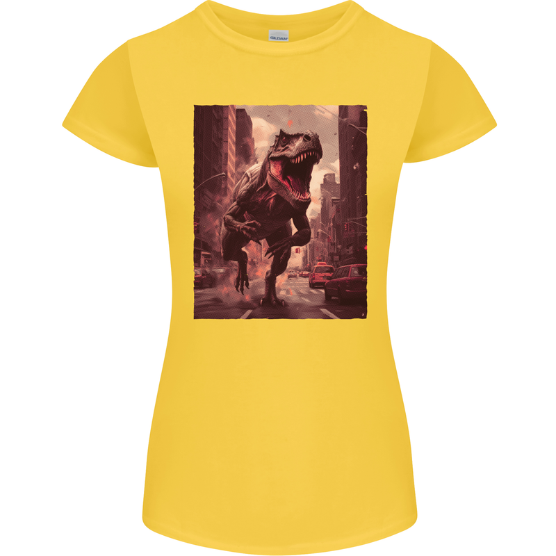 T-Rex Rampage Dinosaur Womens Petite Cut T-Shirt Yellow