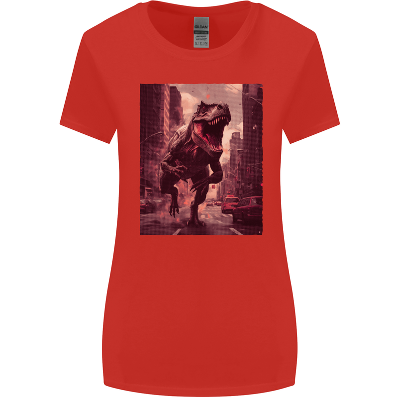 T-Rex Rampage Dinosaur Womens Wider Cut T-Shirt Red