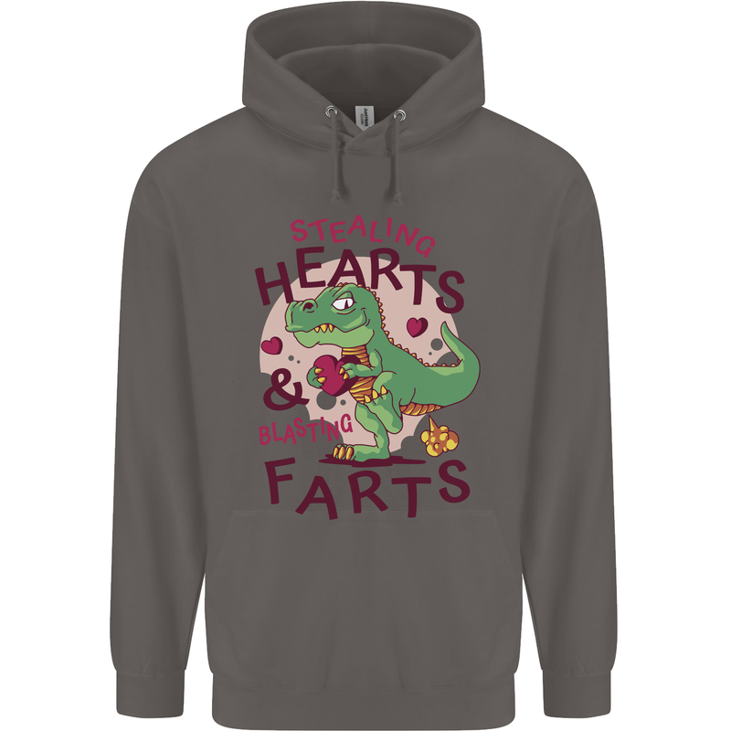 T-Rex Stealing Hearts & Blasting Farts Dinosaur Mens 80% Cotton Hoodie Charcoal
