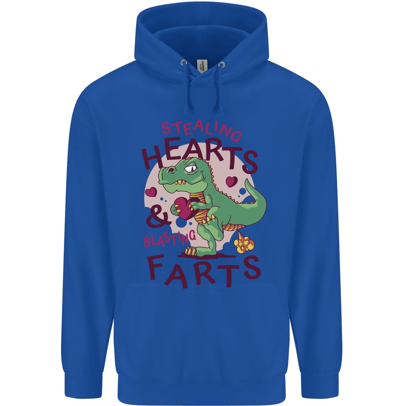 T-Rex Stealing Hearts & Blasting Farts Dinosaur Mens 80% Cotton Hoodie Royal Blue