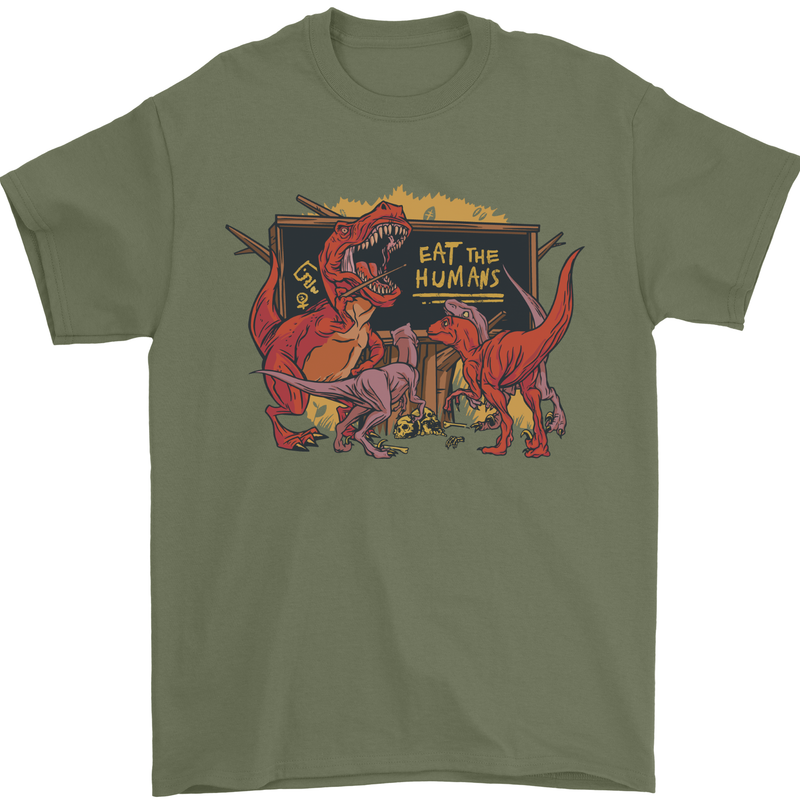 T-Rex Teacher Eat the Humans Dinosaur Funny Mens T-Shirt 100% Cotton Military Green