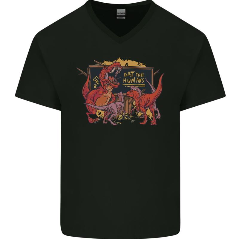 T-Rex Teacher Eat the Humans Dinosaur Funny Mens V-Neck Cotton T-Shirt Black