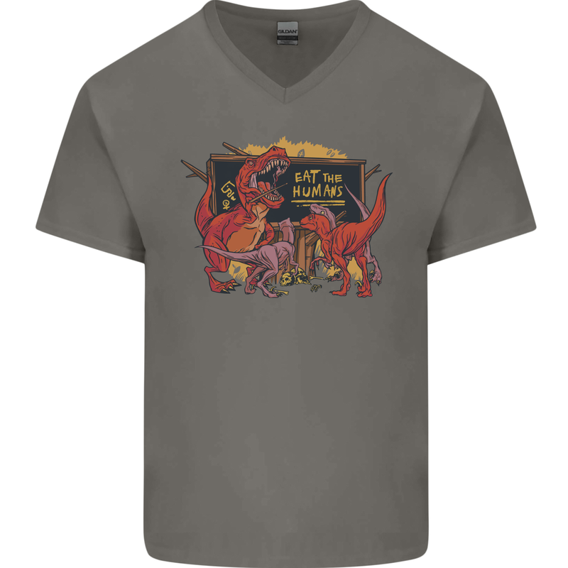 T-Rex Teacher Eat the Humans Dinosaur Funny Mens V-Neck Cotton T-Shirt Charcoal