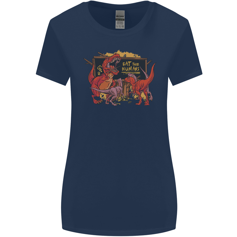 T-Rex Teacher Eat the Humans Dinosaur Funny Womens Wider Cut T-Shirt Navy Blue