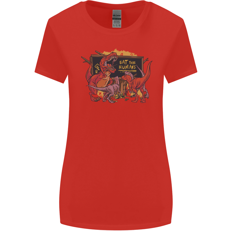 T-Rex Teacher Eat the Humans Dinosaur Funny Womens Wider Cut T-Shirt Red