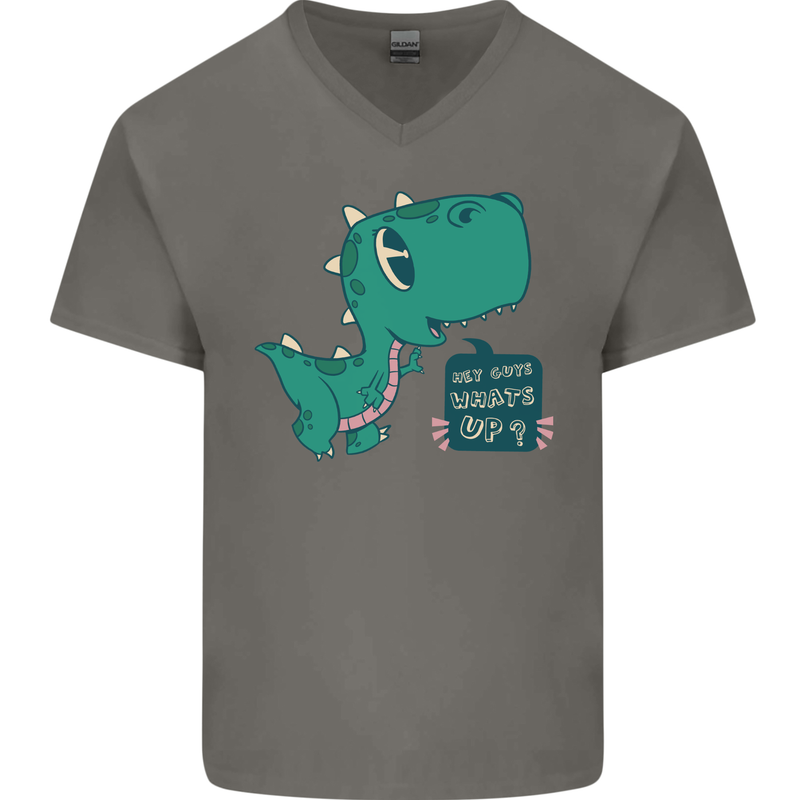 T-Rex Whats Up Mens V-Neck Cotton T-Shirt Charcoal