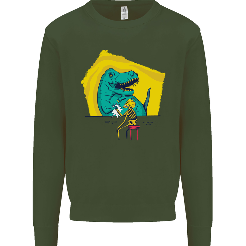 T-Rex Wrestling a Skeleton Dinosaurs Skull Kids Sweatshirt Jumper Forest Green