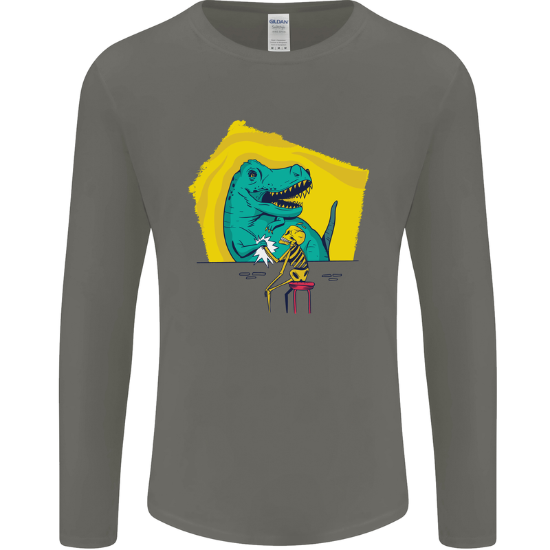 T-Rex Wrestling a Skeleton Dinosaurs Skull Mens Long Sleeve T-Shirt Charcoal