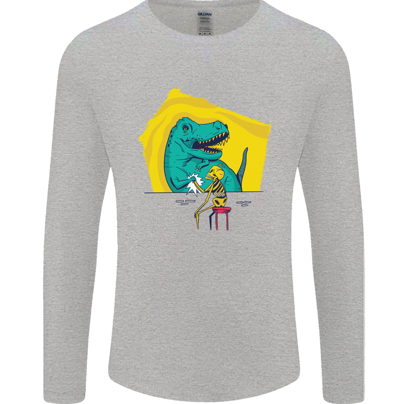 T-Rex Wrestling a Skeleton Dinosaurs Skull Mens Long Sleeve T-Shirt Sports Grey
