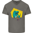 T-Rex Wrestling a Skeleton Dinosaurs Skull Mens V-Neck Cotton T-Shirt Charcoal