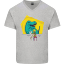 T-Rex Wrestling a Skeleton Dinosaurs Skull Mens V-Neck Cotton T-Shirt Sports Grey