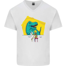T-Rex Wrestling a Skeleton Dinosaurs Skull Mens V-Neck Cotton T-Shirt White