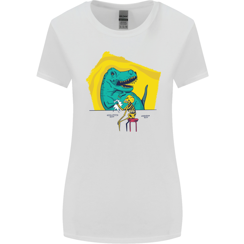 T-Rex Wrestling a Skeleton Dinosaurs Skull Womens Wider Cut T-Shirt White