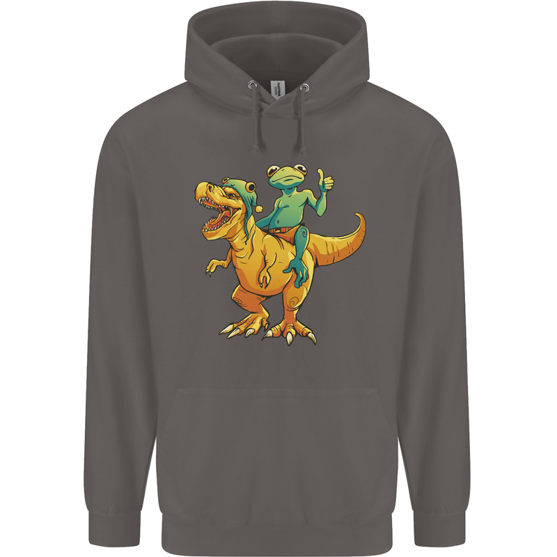 T-Rex and a Frog Dinosaur Mens 80% Cotton Hoodie Charcoal