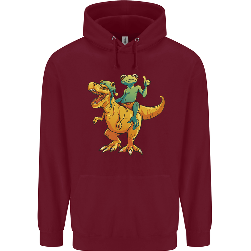 T-Rex and a Frog Dinosaur Mens 80% Cotton Hoodie Maroon