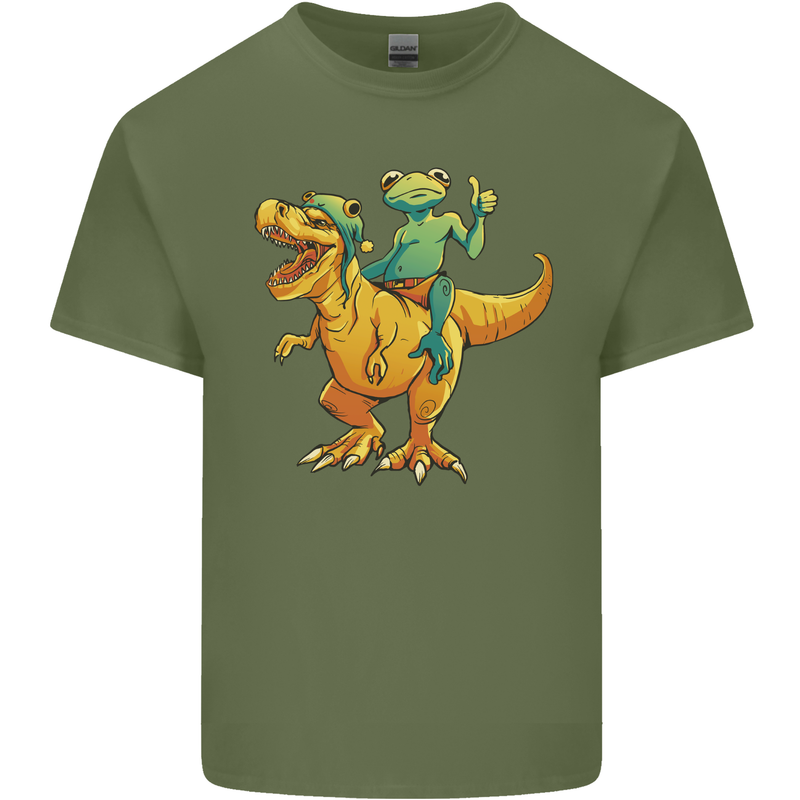 T-Rex and a Frog Dinosaur Mens Cotton T-Shirt Tee Top Military Green
