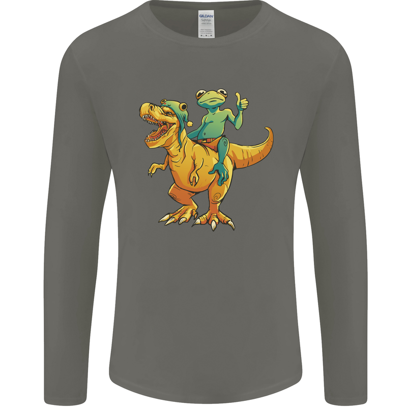 T-Rex and a Frog Dinosaur Mens Long Sleeve T-Shirt Charcoal